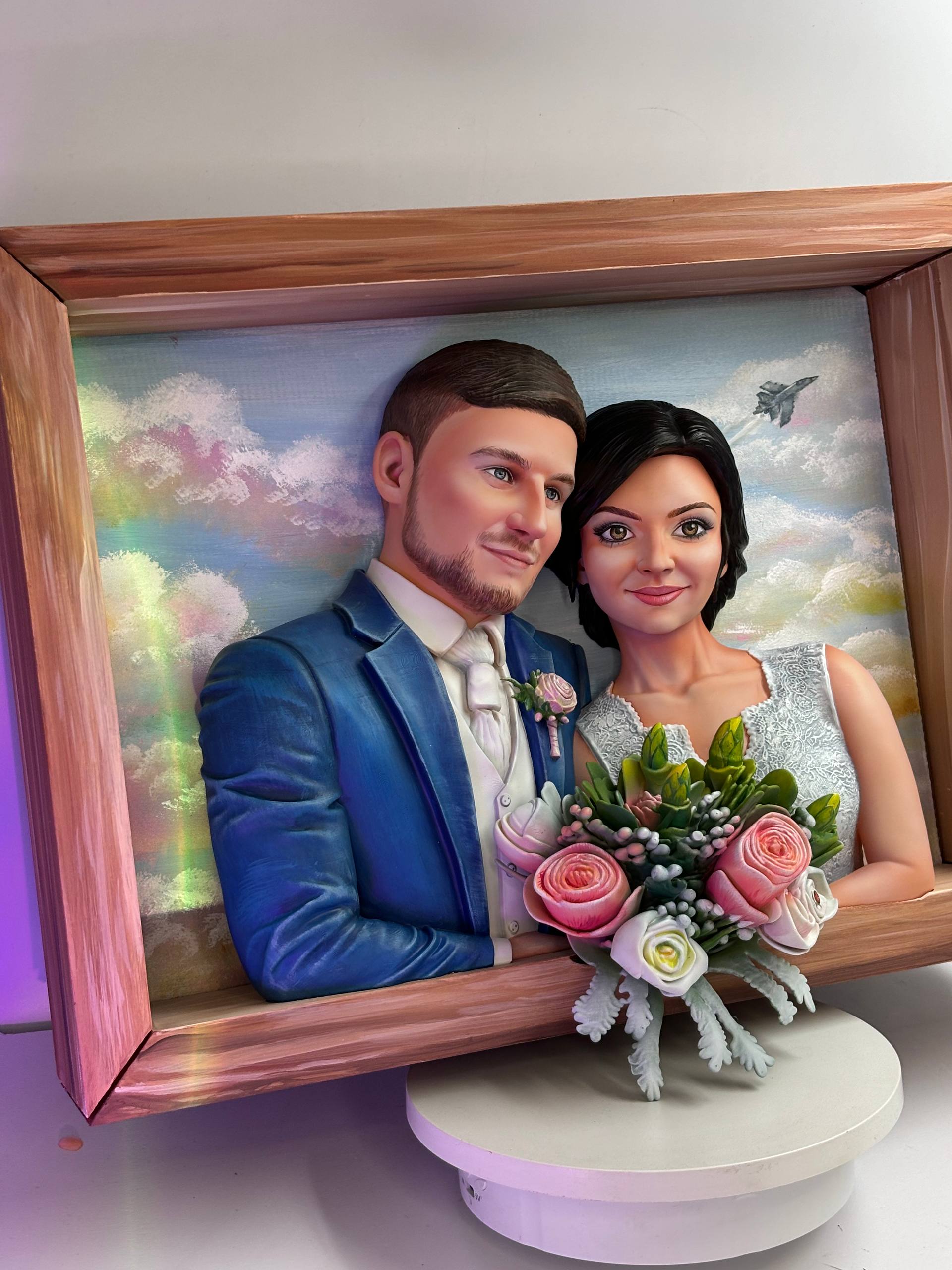 3d картина по фото с объемными фигурами и свадебным букетом